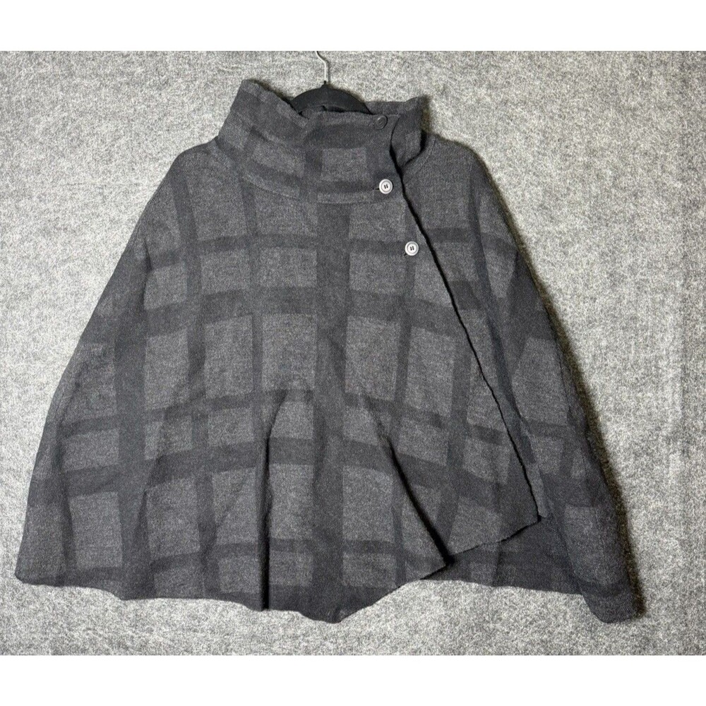 Eileen Fisher Black Gray Square Print Poncho Sweater Cape Merino Wool - One Size - Picture 3 of 6